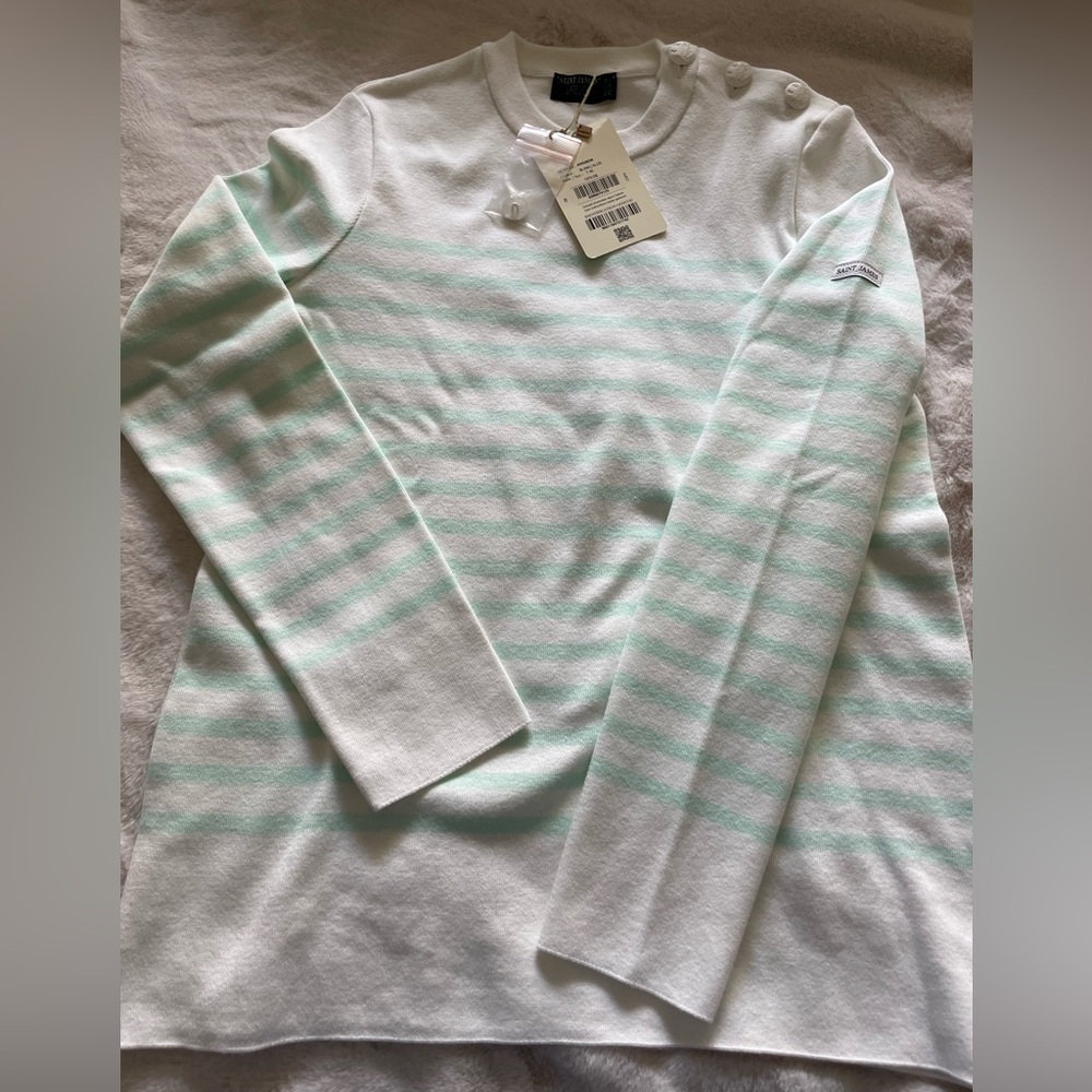 Saint James White & Mint Striped Knit Top
